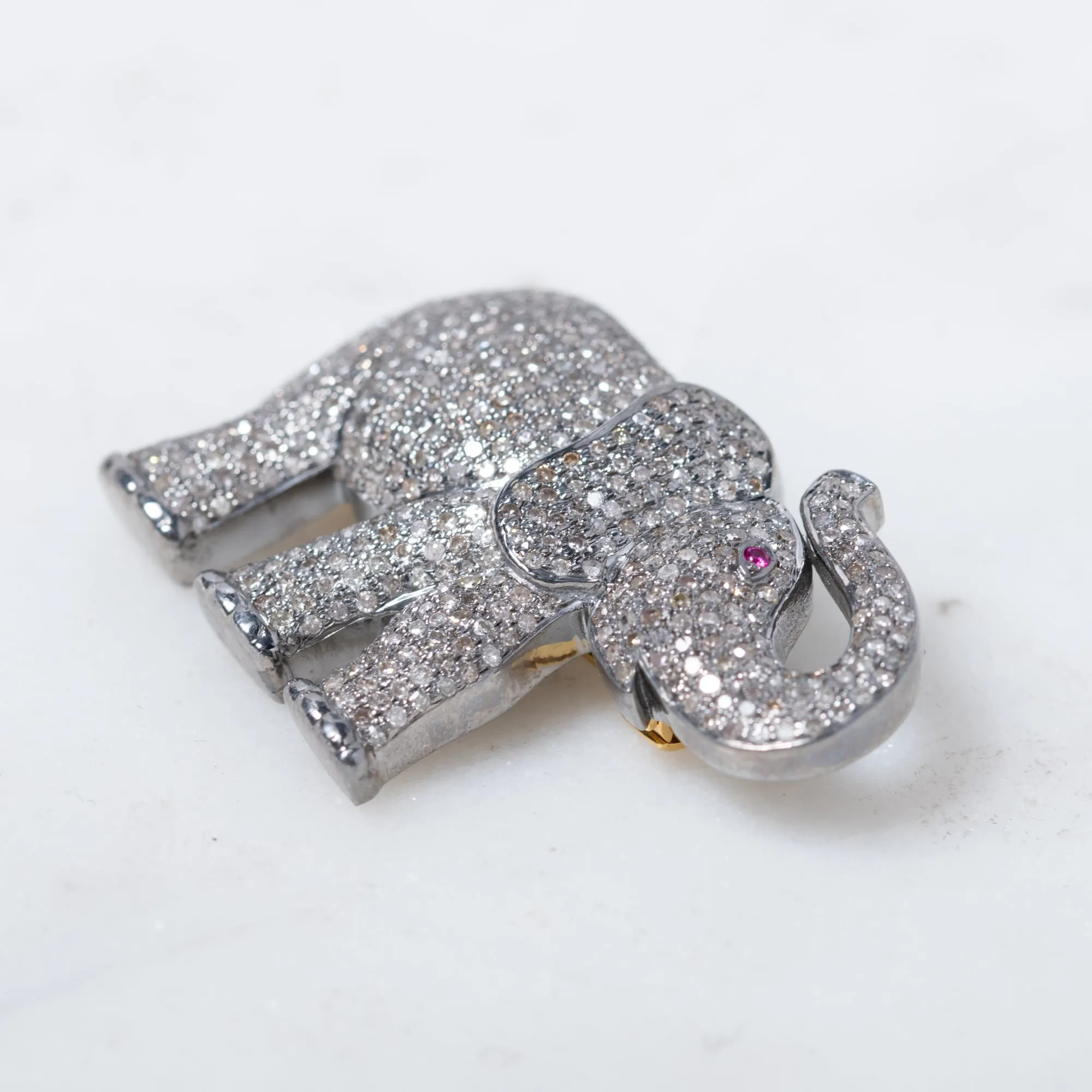 Diamond Elephant with Ruby Eyes Brooch