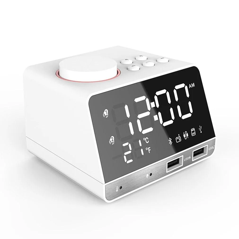 Digital Dual USB Interface Charging Bluetooth Alarm Clock Speaker With LED Mirror