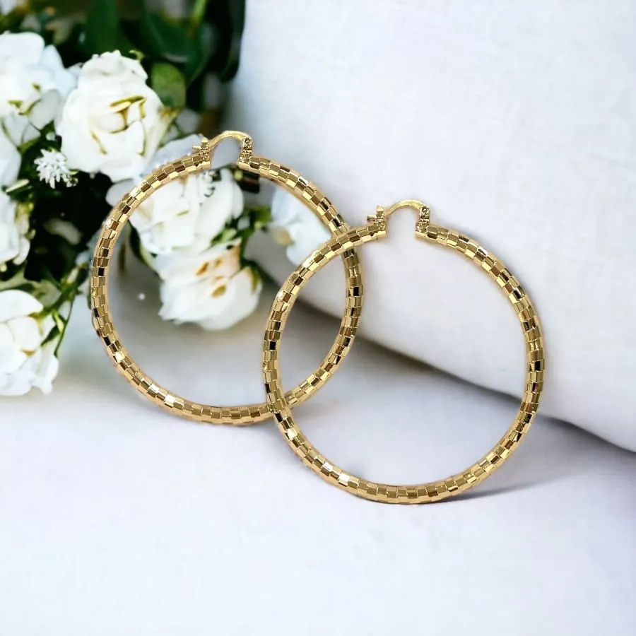 Disco mirror ball 65mm gold plated hoops earrings