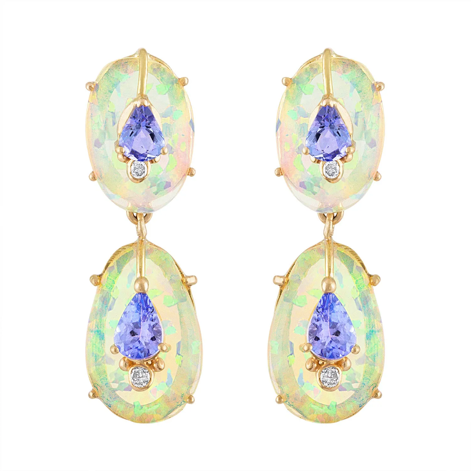 Double Drop Ethiopian Opal and Tanzanite Earrings