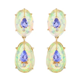 Double Drop Ethiopian Opal and Tanzanite Earrings