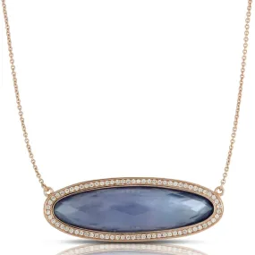 Doves Parisian Plumb Purple Amethyst, Lapis, Mother of Pearl Elongated Oval Shape Pendant Necklace with Diamond Halo