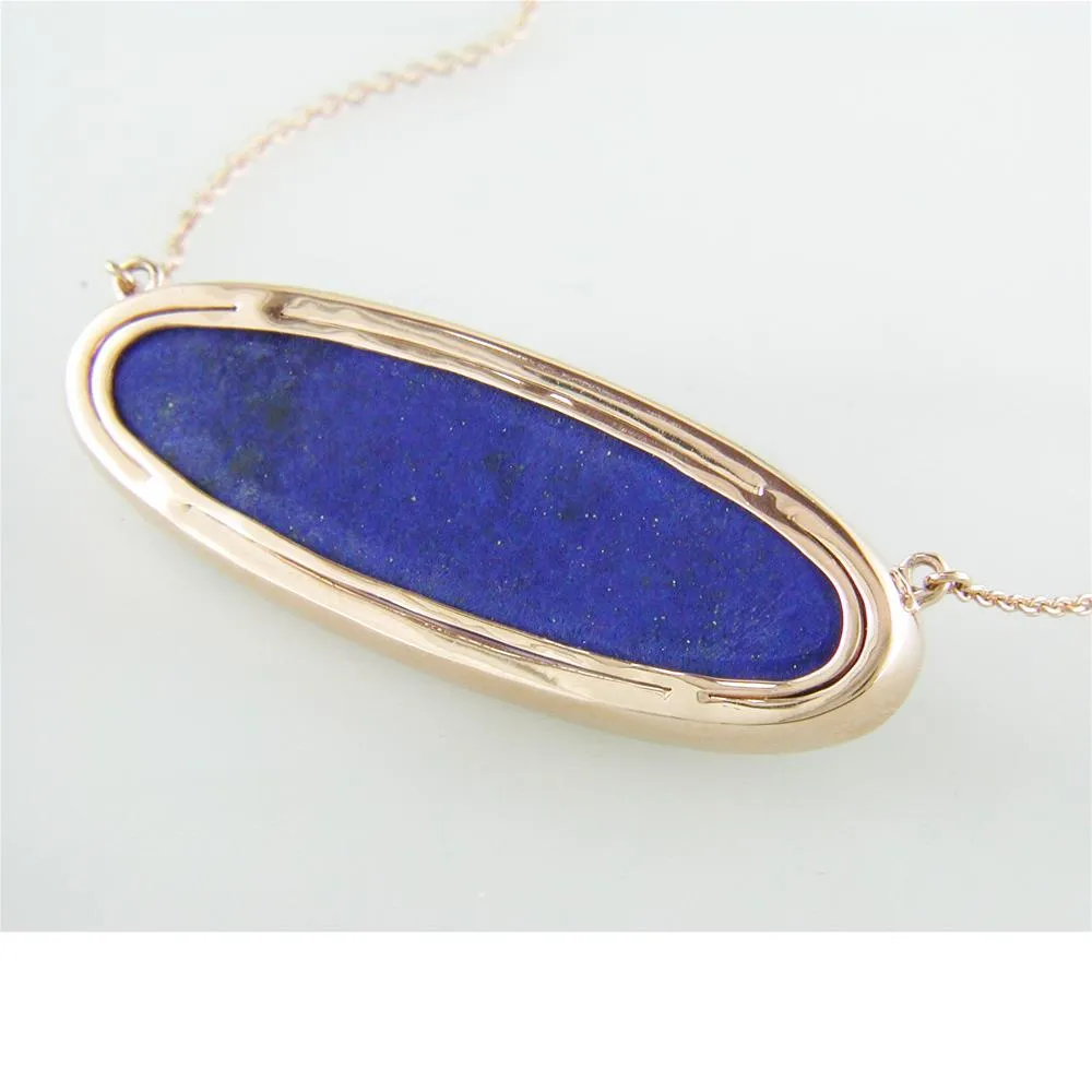 Doves Parisian Plumb Purple Amethyst, Lapis, Mother of Pearl Elongated Oval Shape Pendant Necklace with Diamond Halo