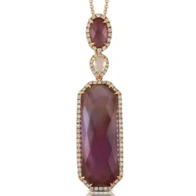 Doves Viola Elongated Amethyst over Mother of Pearl Diamond Pendant Necklace 18K Rose Gold