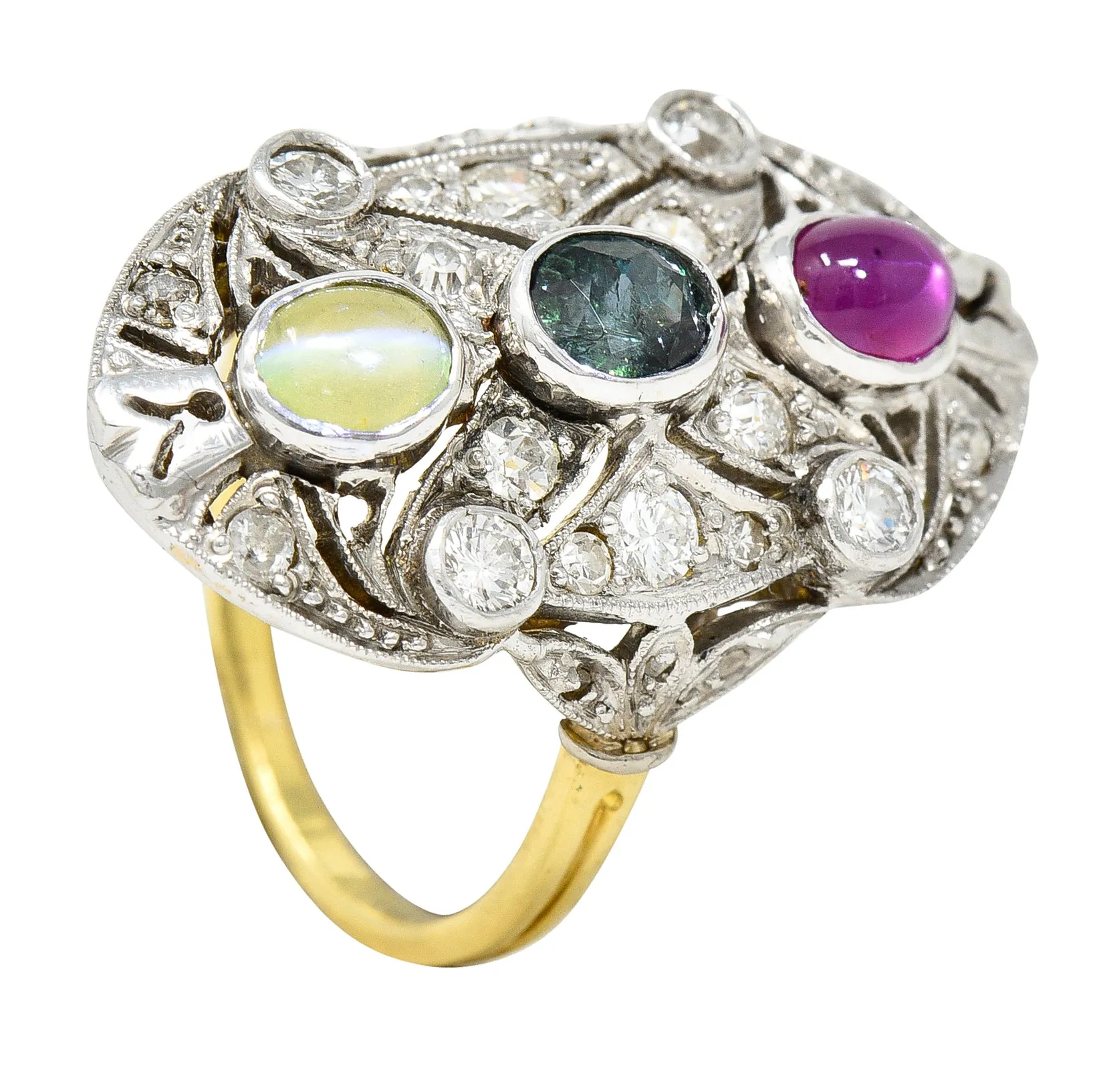 Edwardian Cat's Eye Chrysoberyl Star Ruby Alexandrite Diamond Platinum-Topped 20 Karat Gold Dinner Ring