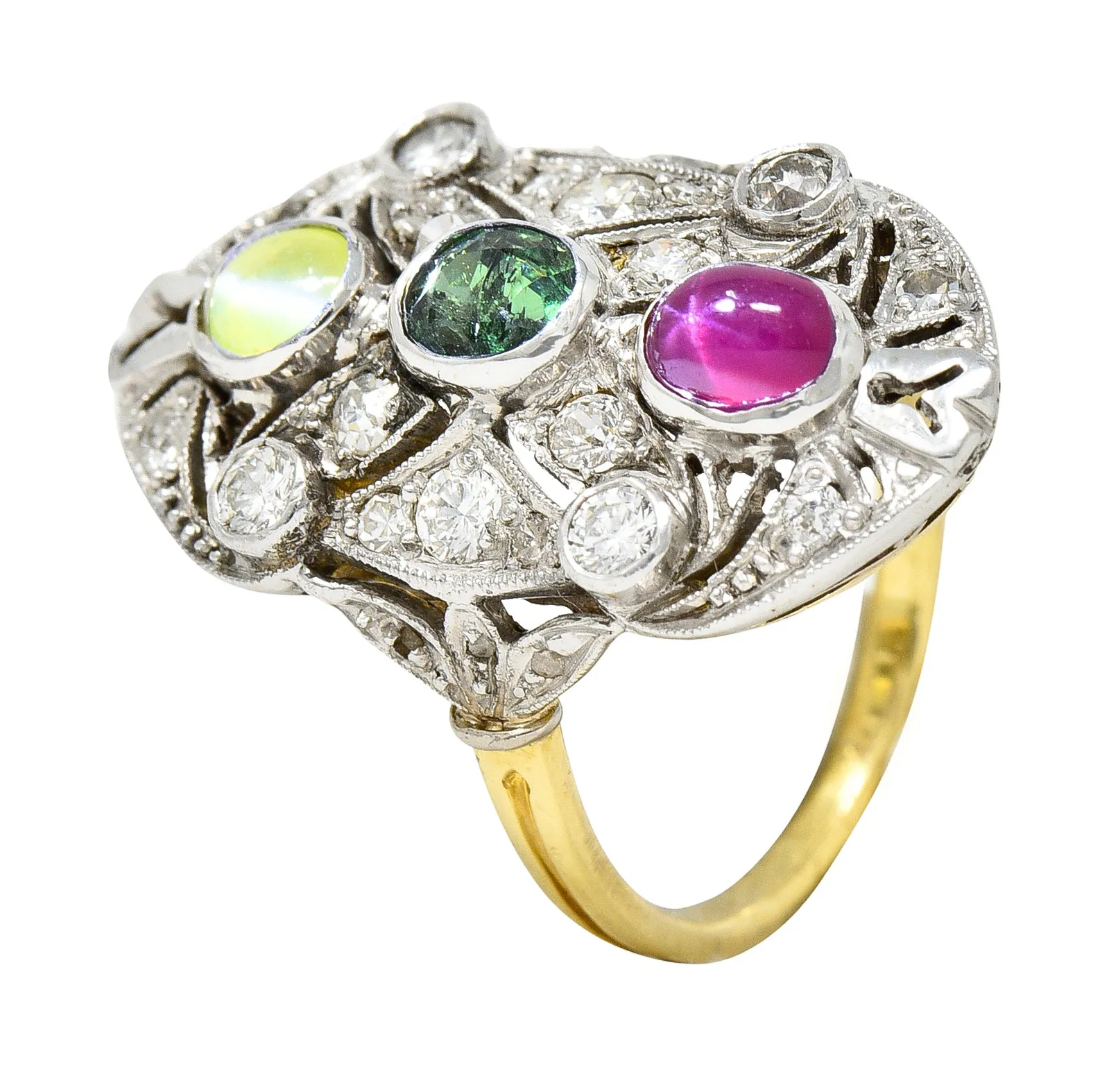 Edwardian Cat's Eye Chrysoberyl Star Ruby Alexandrite Diamond Platinum-Topped 20 Karat Gold Dinner Ring