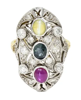 Edwardian Cat's Eye Chrysoberyl Star Ruby Alexandrite Diamond Platinum-Topped 20 Karat Gold Dinner Ring