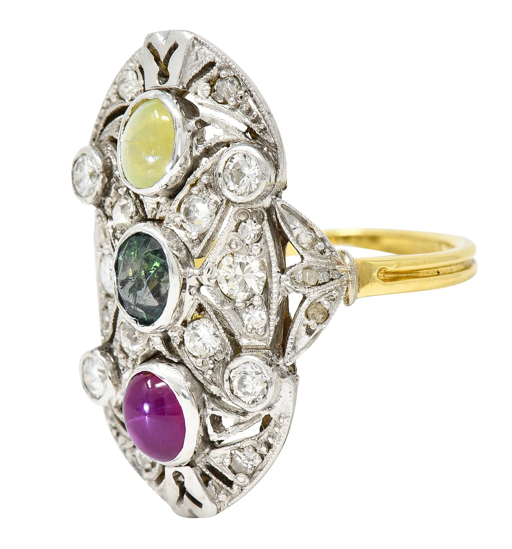 Edwardian Cat's Eye Chrysoberyl Star Ruby Alexandrite Diamond Platinum-Topped 20 Karat Gold Dinner Ring