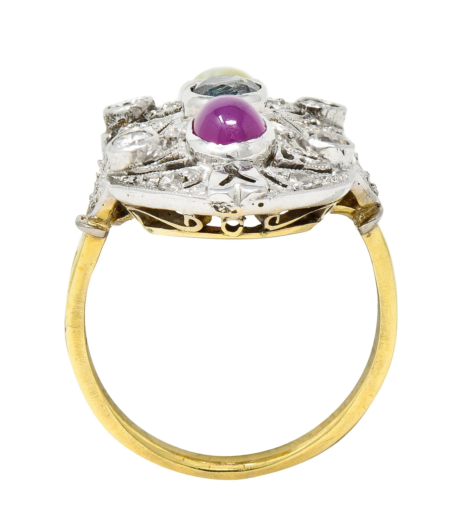 Edwardian Cat's Eye Chrysoberyl Star Ruby Alexandrite Diamond Platinum-Topped 20 Karat Gold Dinner Ring