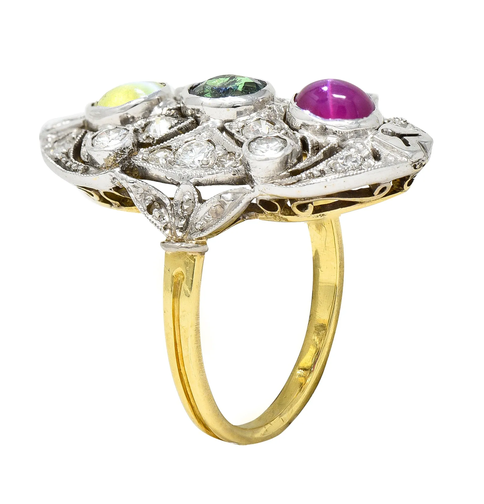 Edwardian Cat's Eye Chrysoberyl Star Ruby Alexandrite Diamond Platinum-Topped 20 Karat Gold Dinner Ring