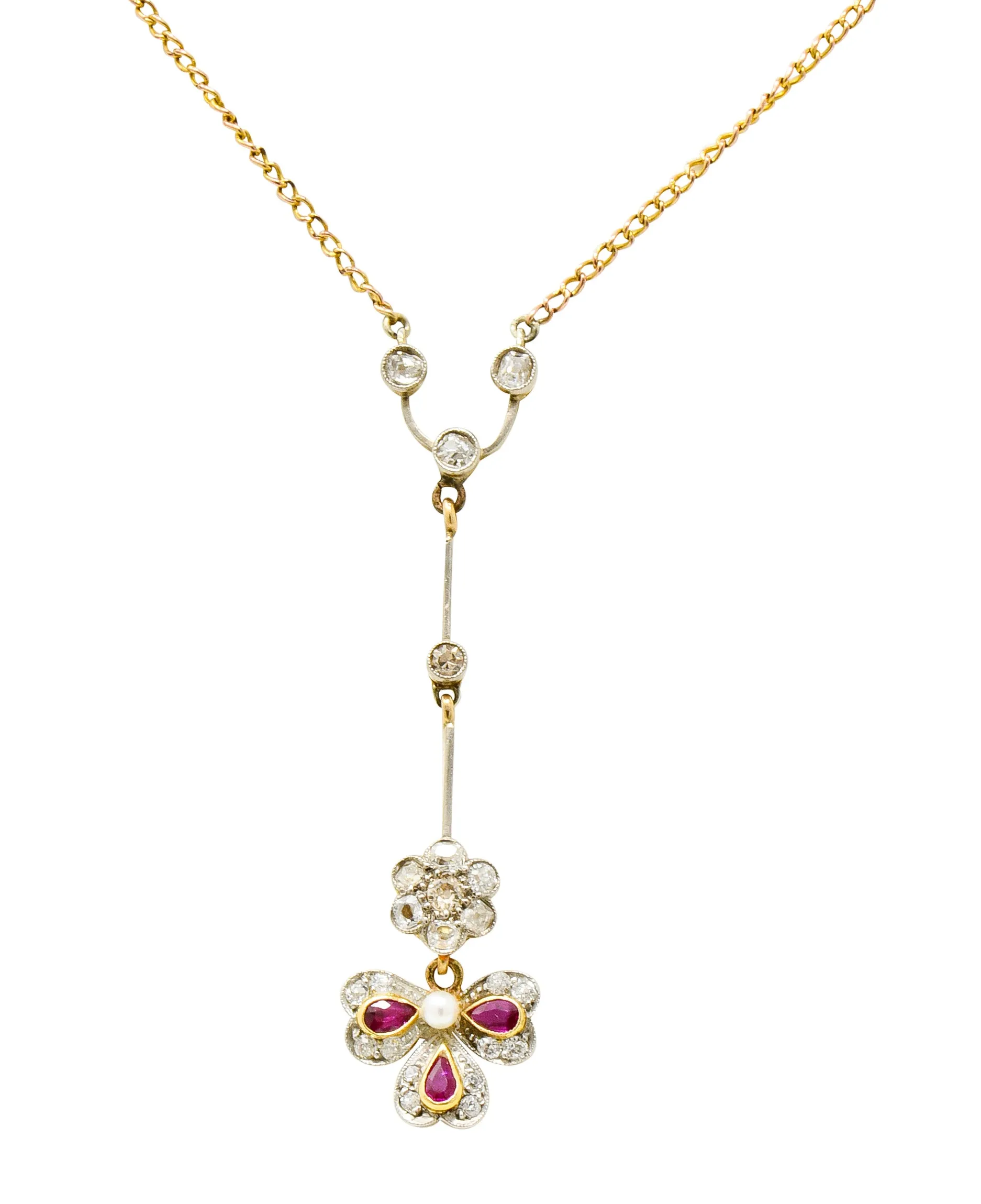 Edwardian Diamond Ruby Pearl Platinum-Topped 18 Karat Gold Floral Drop Necklace