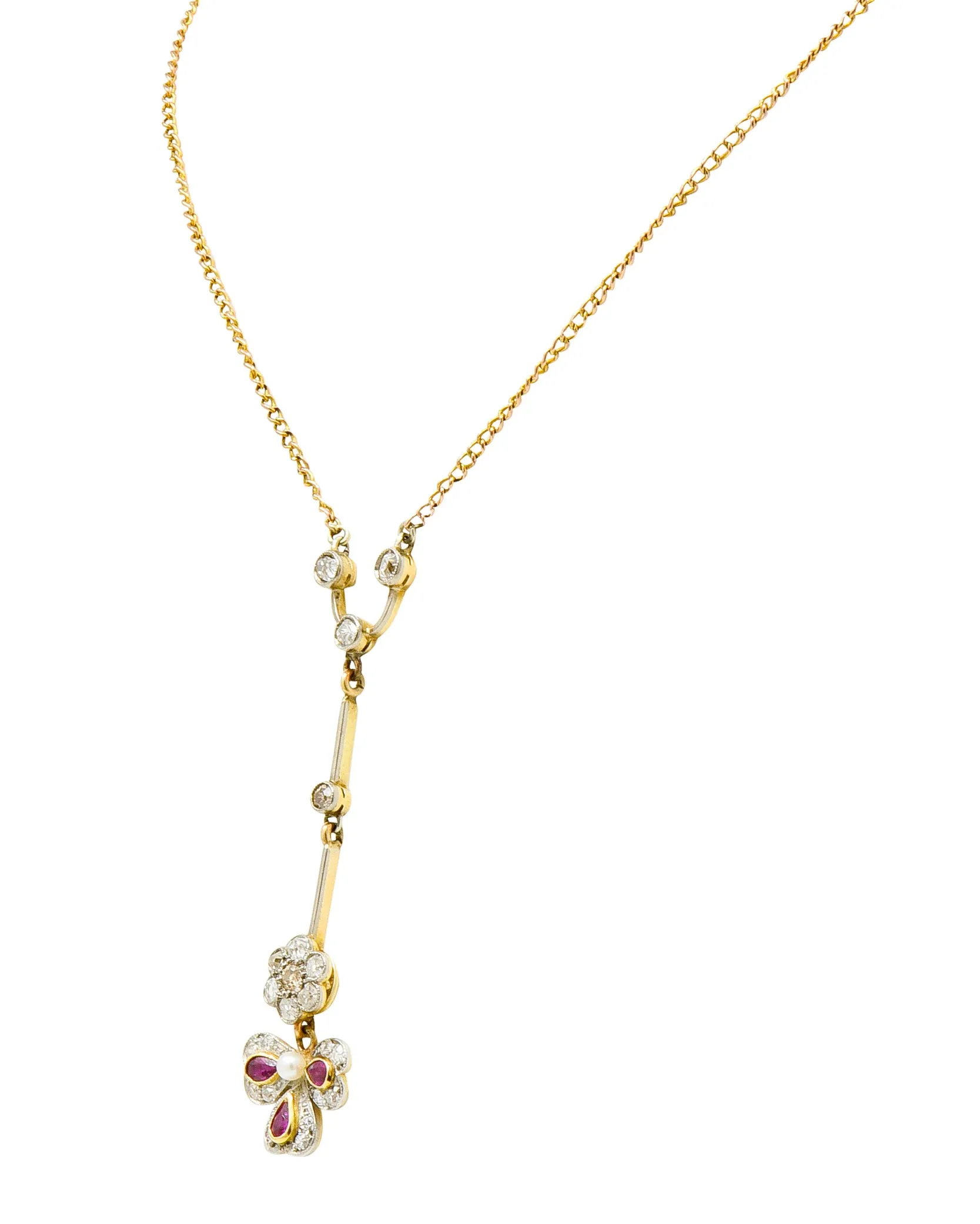 Edwardian Diamond Ruby Pearl Platinum-Topped 18 Karat Gold Floral Drop Necklace