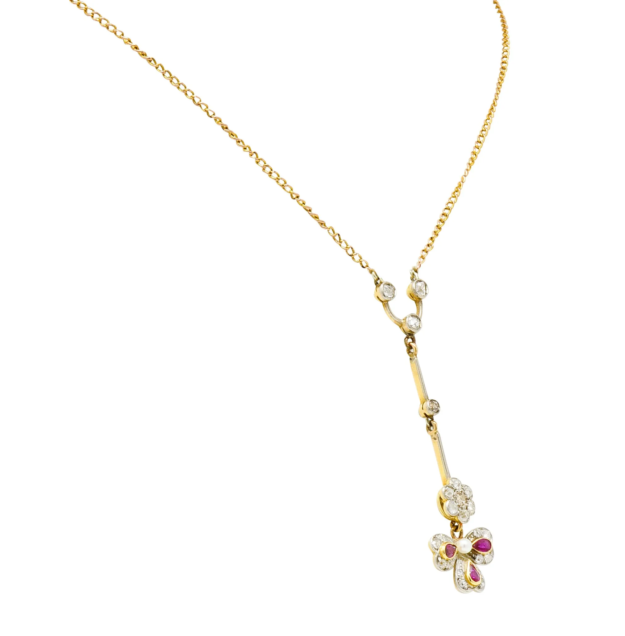 Edwardian Diamond Ruby Pearl Platinum-Topped 18 Karat Gold Floral Drop Necklace