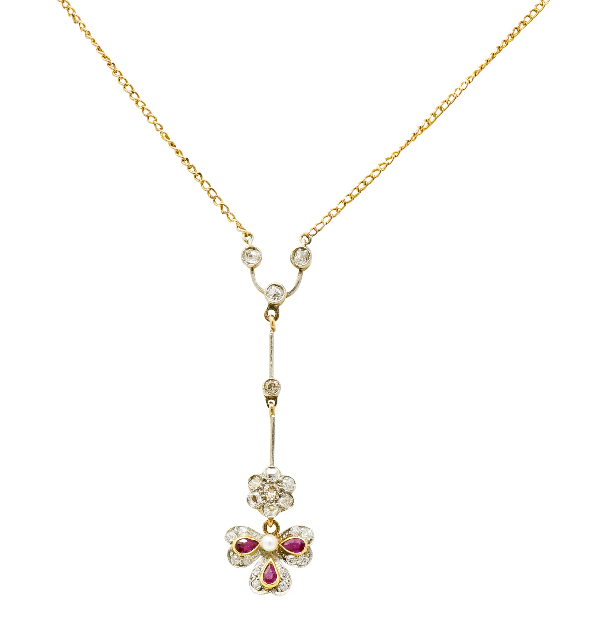 Edwardian Diamond Ruby Pearl Platinum-Topped 18 Karat Gold Floral Drop Necklace