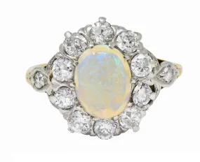 Edwardian Jelly Opal 1.06 CTW Diamond Platinum-Topped 14 Karat Gold Cluster Ring