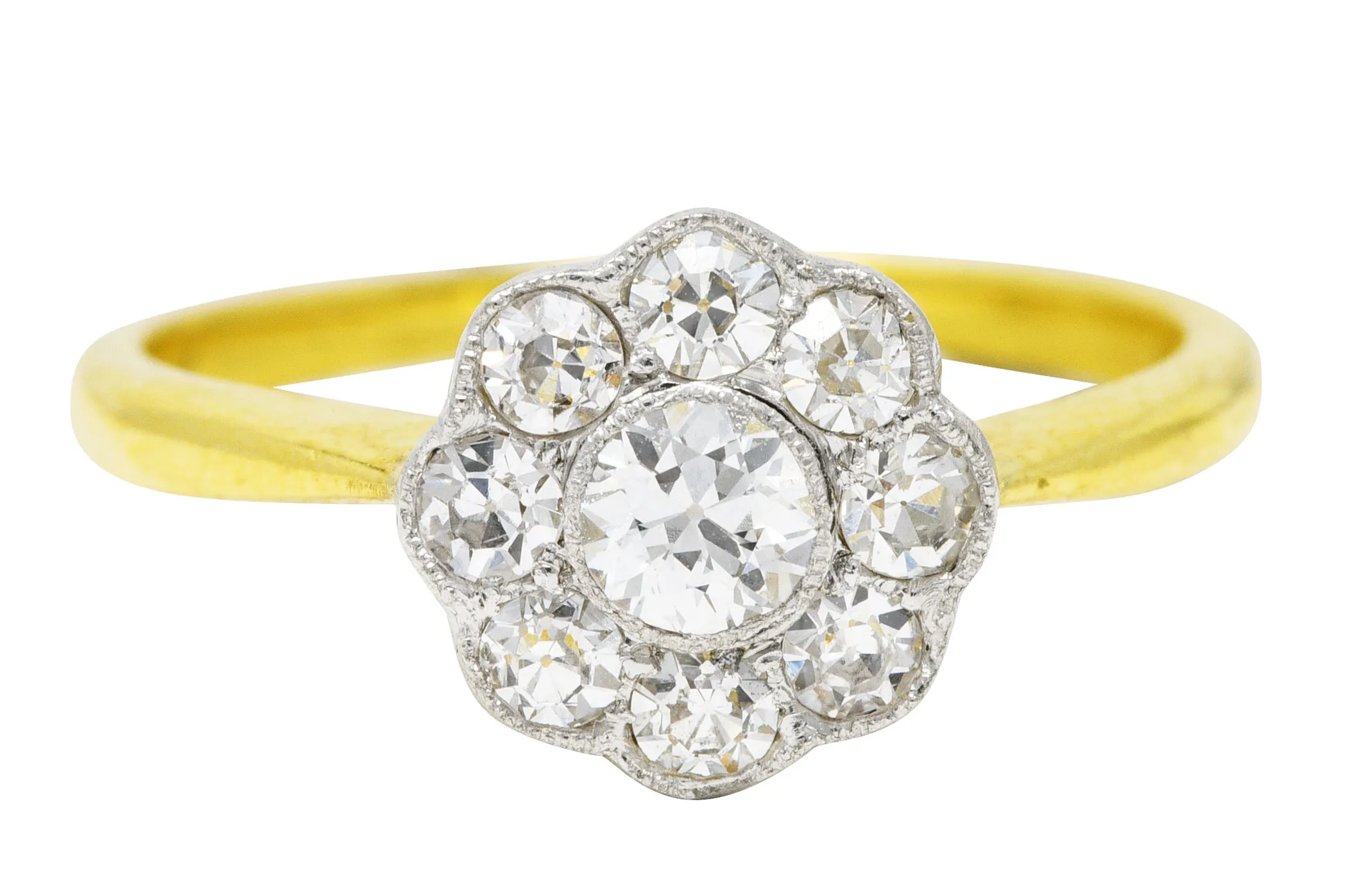 Edwardian Old European Cut 0.45 CTW Diamond Platinum-Topped 18 Karat Yellow Gold Antique Cluster Engagement Ring