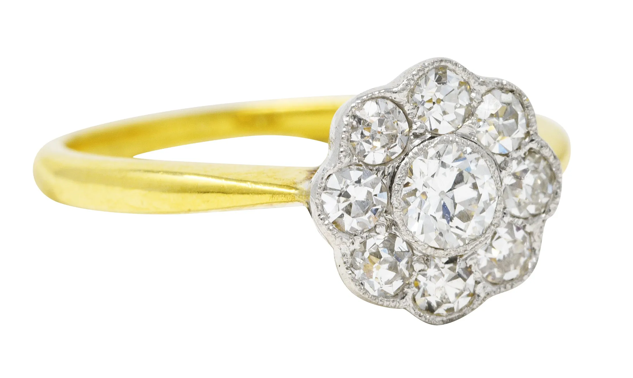 Edwardian Old European Cut 0.45 CTW Diamond Platinum-Topped 18 Karat Yellow Gold Antique Cluster Engagement Ring