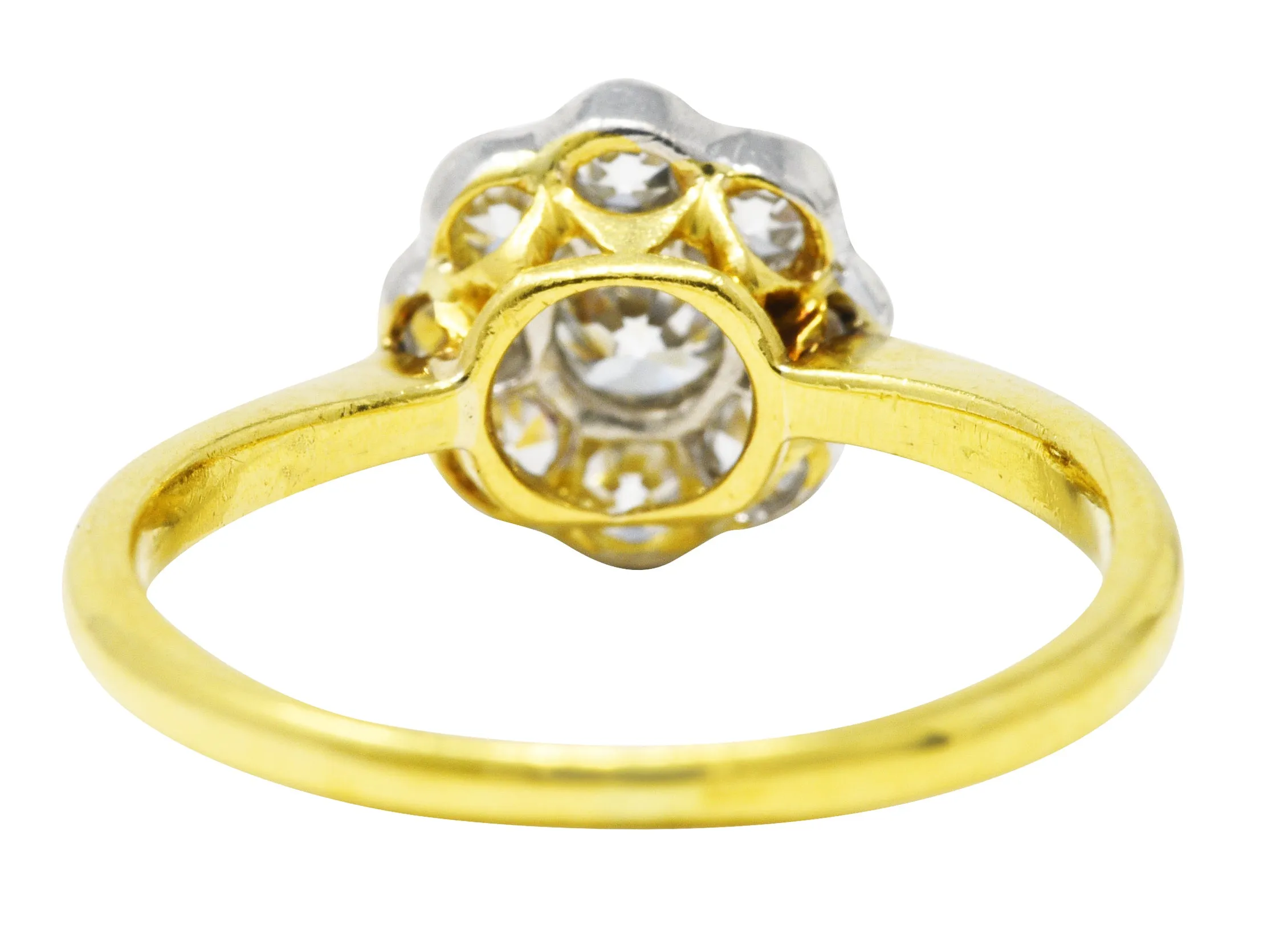 Edwardian Old European Cut 0.45 CTW Diamond Platinum-Topped 18 Karat Yellow Gold Antique Cluster Engagement Ring