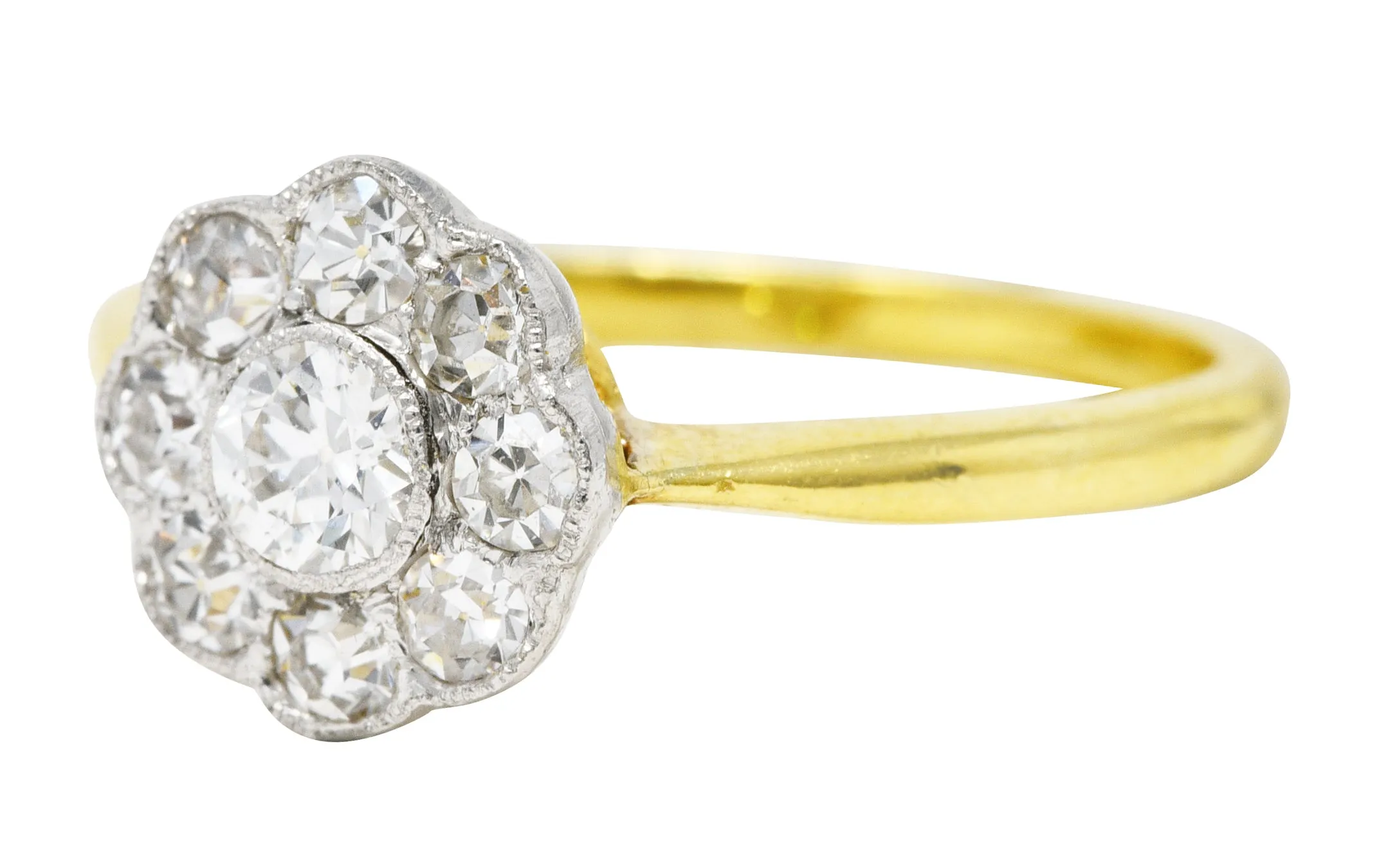 Edwardian Old European Cut 0.45 CTW Diamond Platinum-Topped 18 Karat Yellow Gold Antique Cluster Engagement Ring