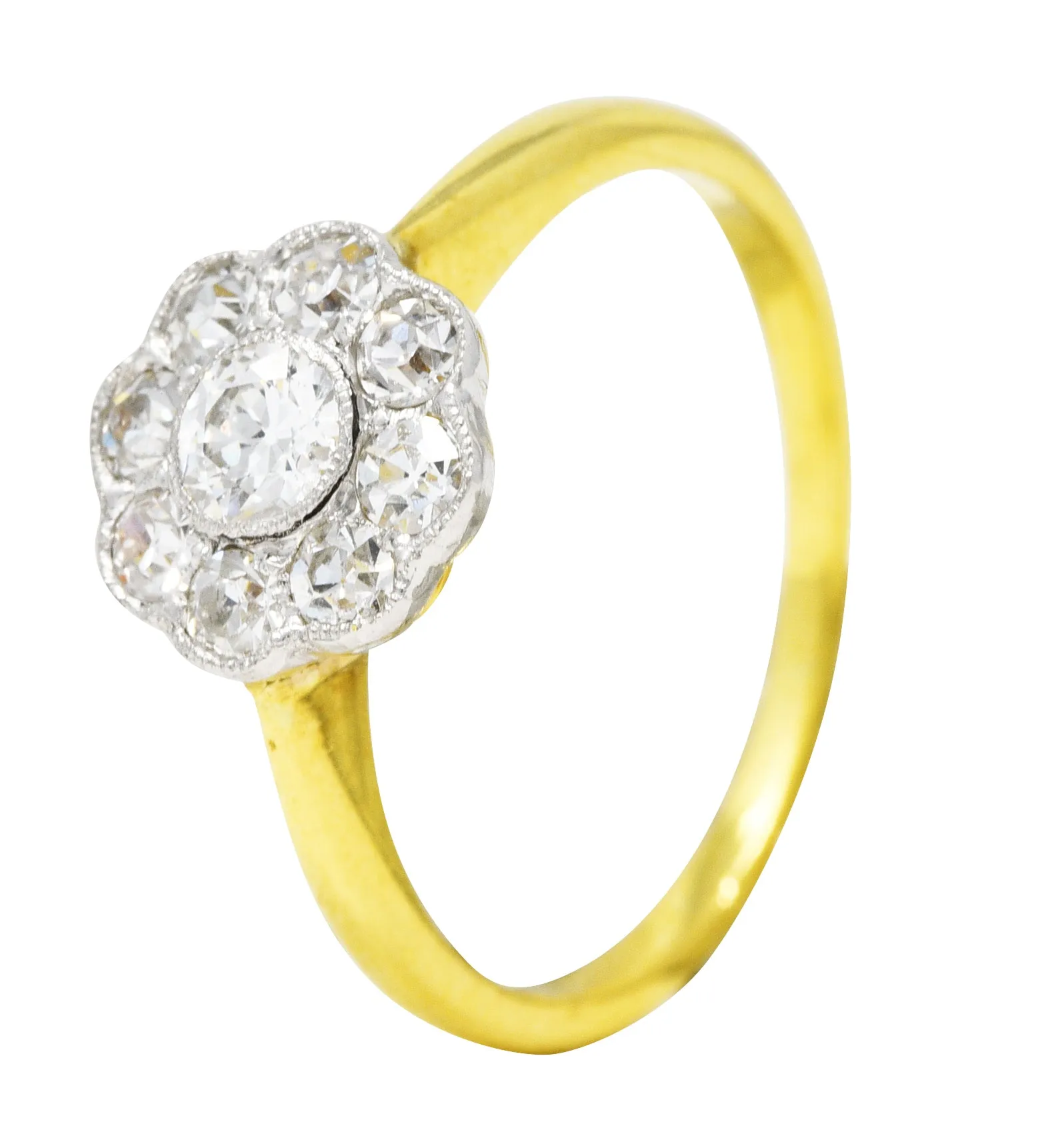 Edwardian Old European Cut 0.45 CTW Diamond Platinum-Topped 18 Karat Yellow Gold Antique Cluster Engagement Ring