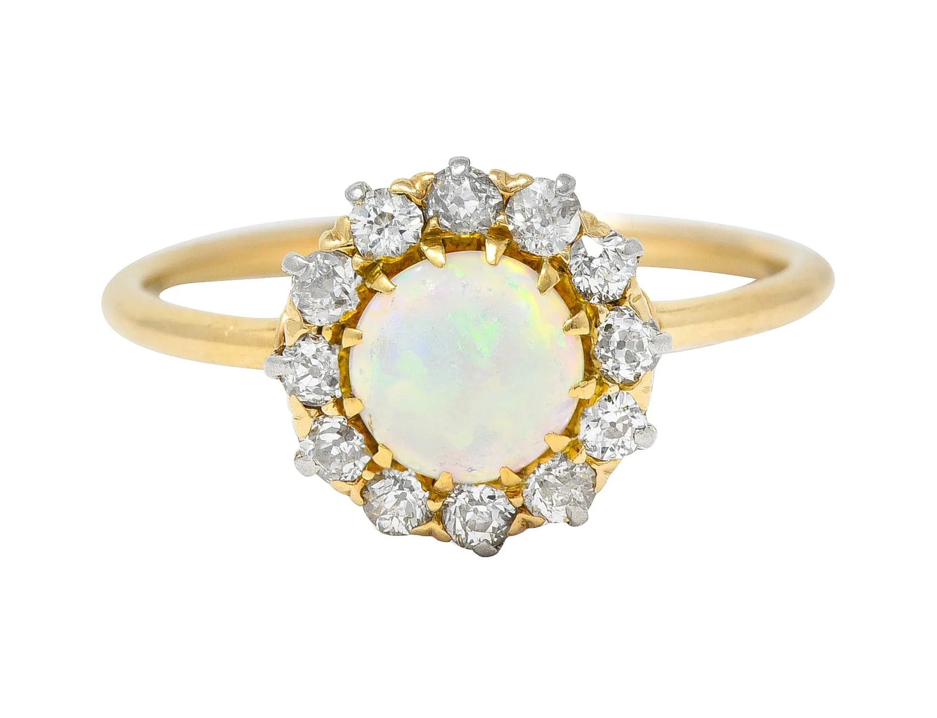 Edwardian Opal Cabochon Old European Cut Diamond Platinum-Topped 18 Karat Yellow Gold Antique Halo Ring