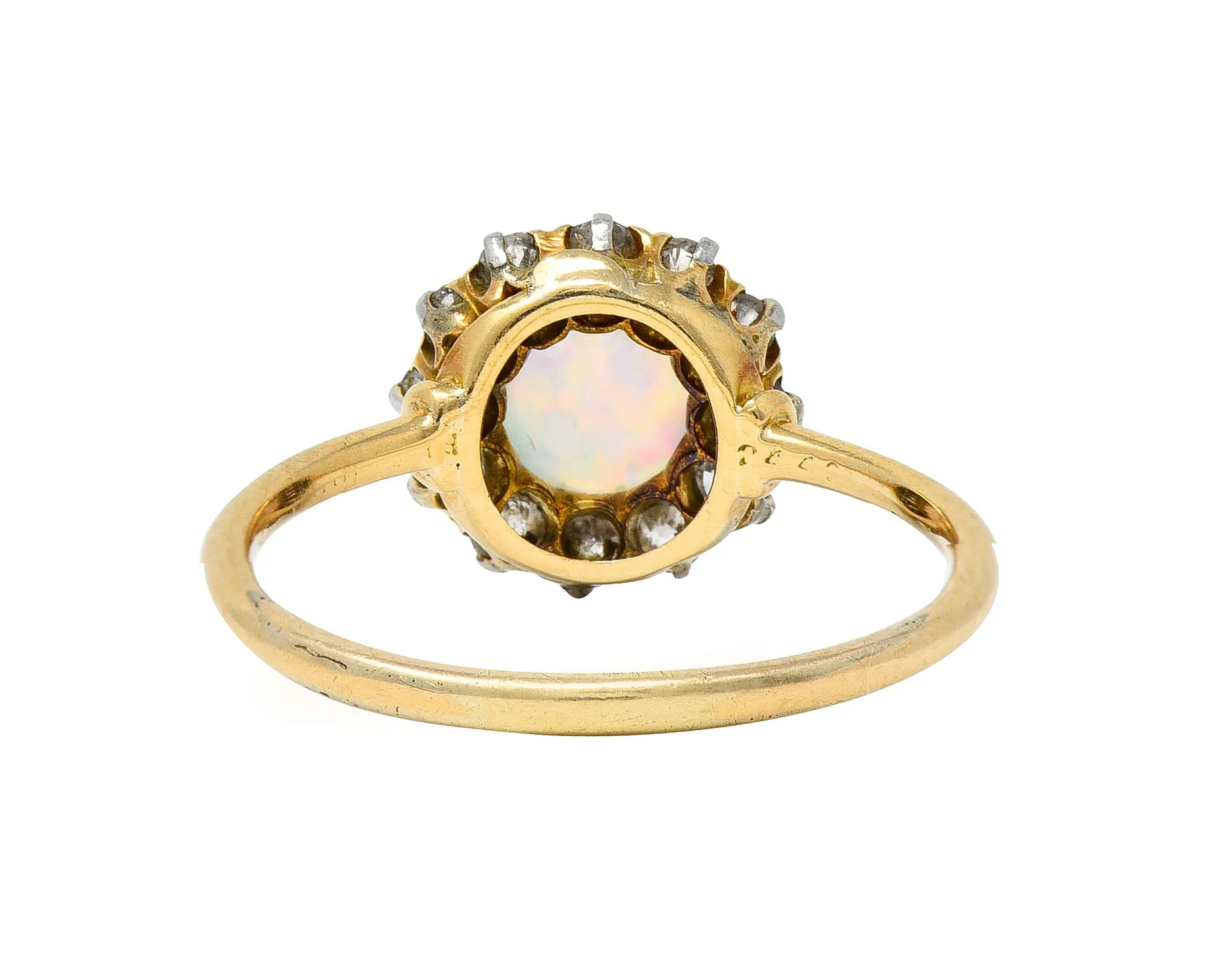 Edwardian Opal Cabochon Old European Cut Diamond Platinum-Topped 18 Karat Yellow Gold Antique Halo Ring