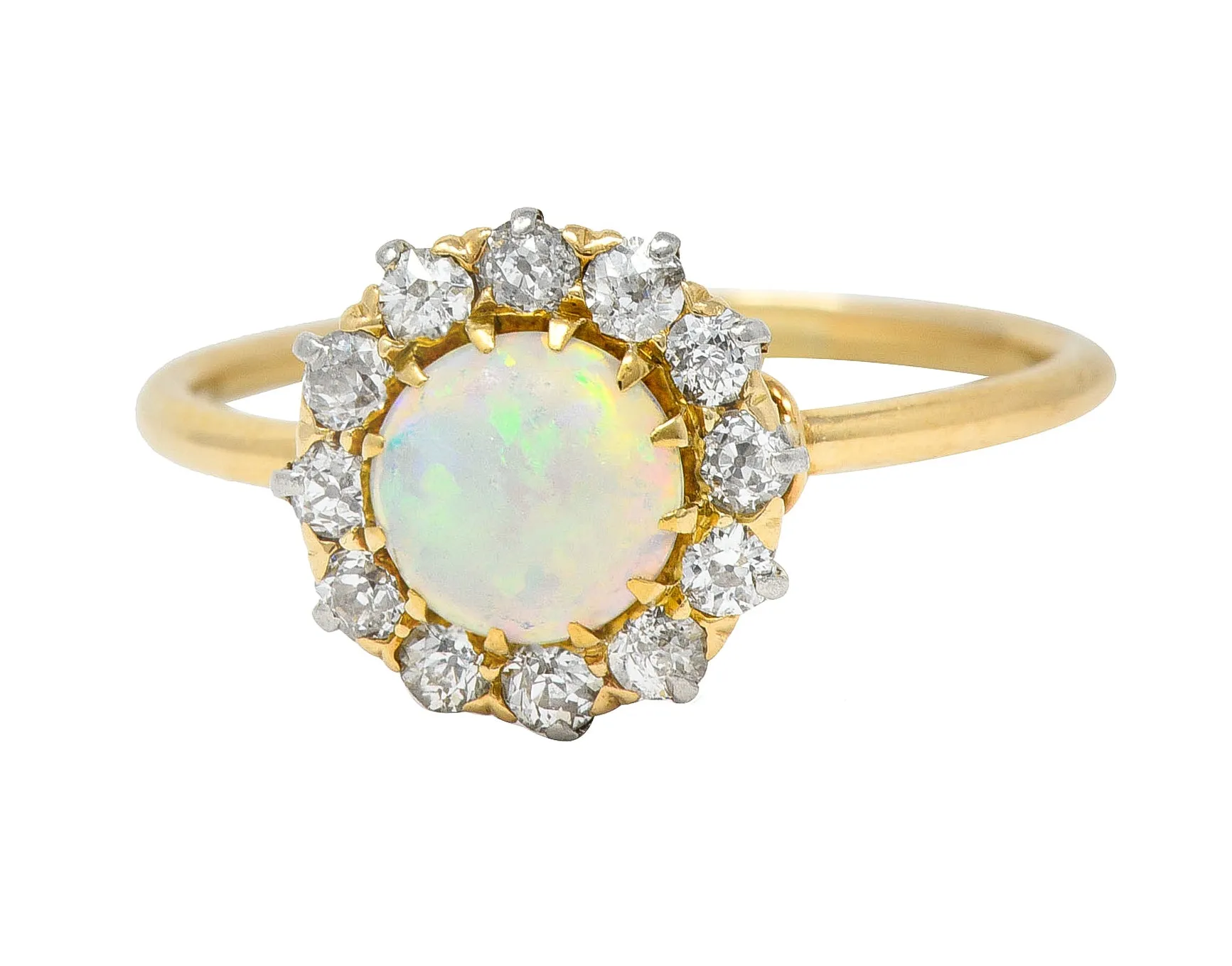 Edwardian Opal Cabochon Old European Cut Diamond Platinum-Topped 18 Karat Yellow Gold Antique Halo Ring