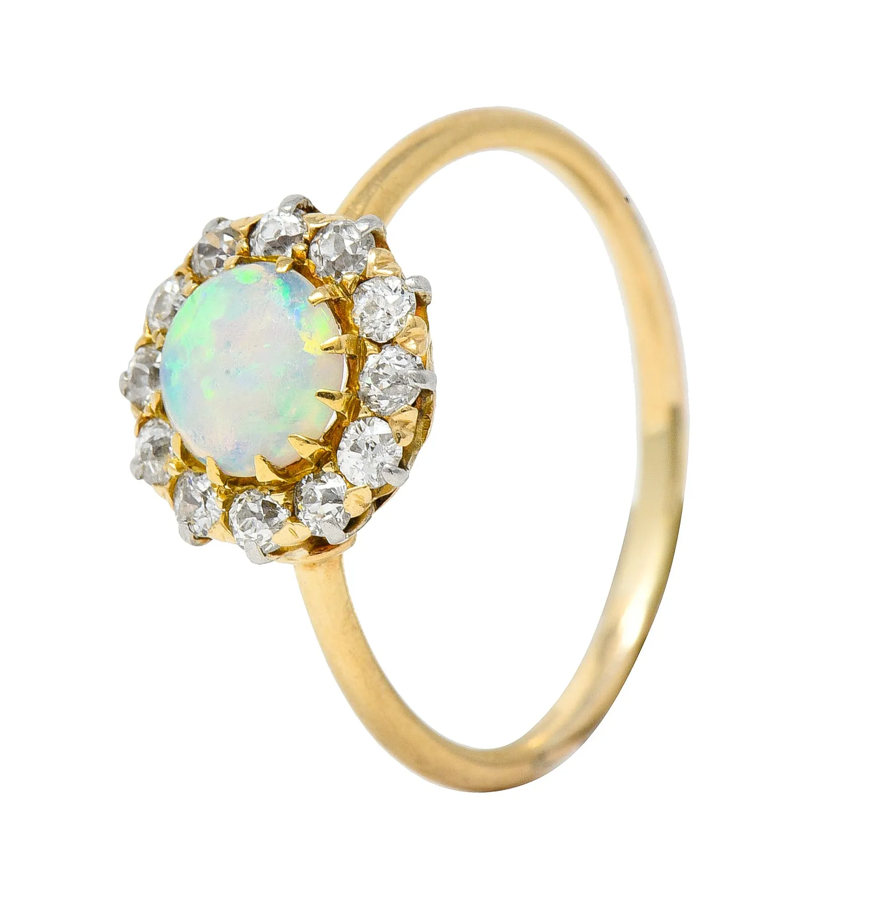 Edwardian Opal Cabochon Old European Cut Diamond Platinum-Topped 18 Karat Yellow Gold Antique Halo Ring