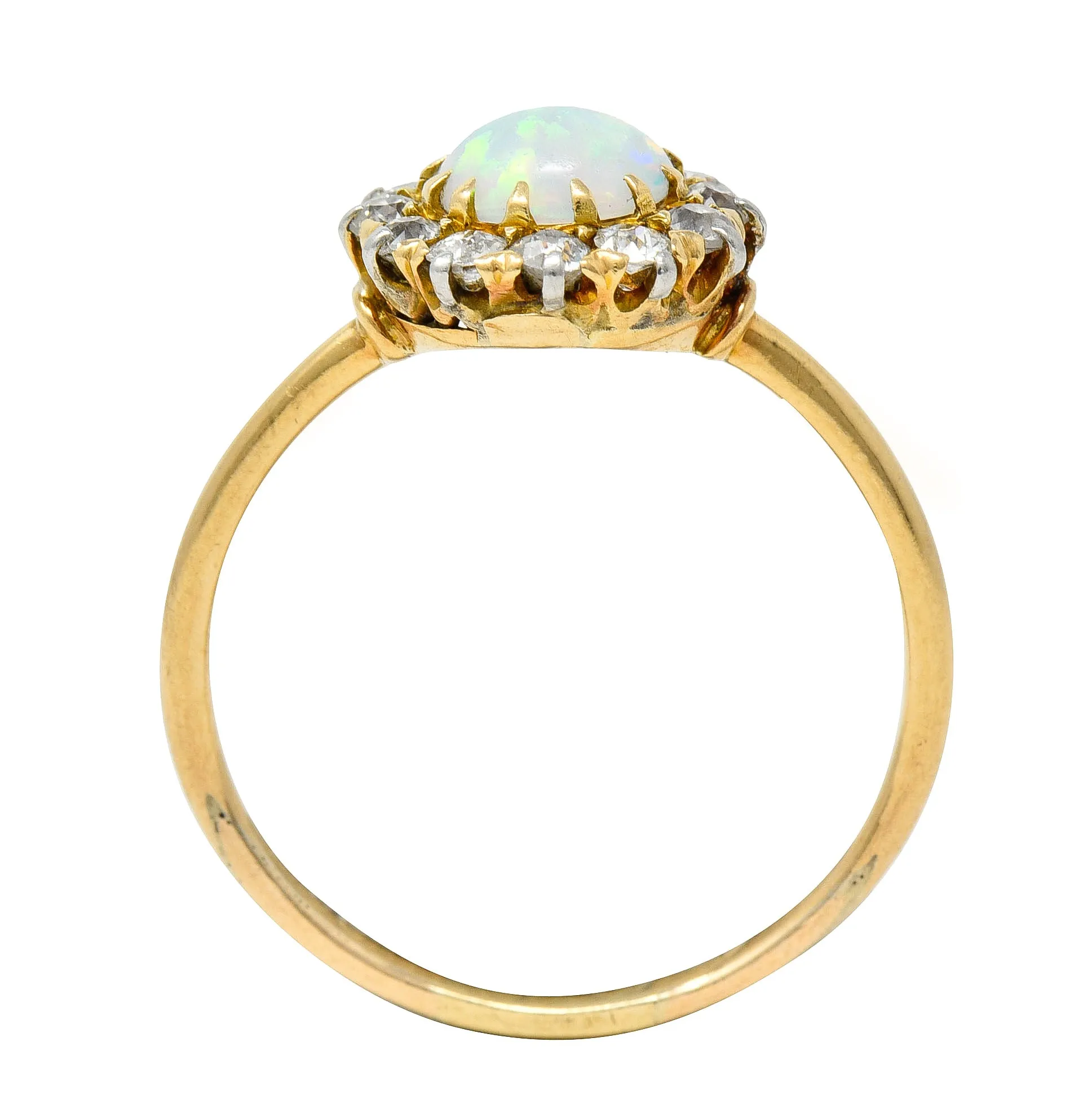 Edwardian Opal Cabochon Old European Cut Diamond Platinum-Topped 18 Karat Yellow Gold Antique Halo Ring