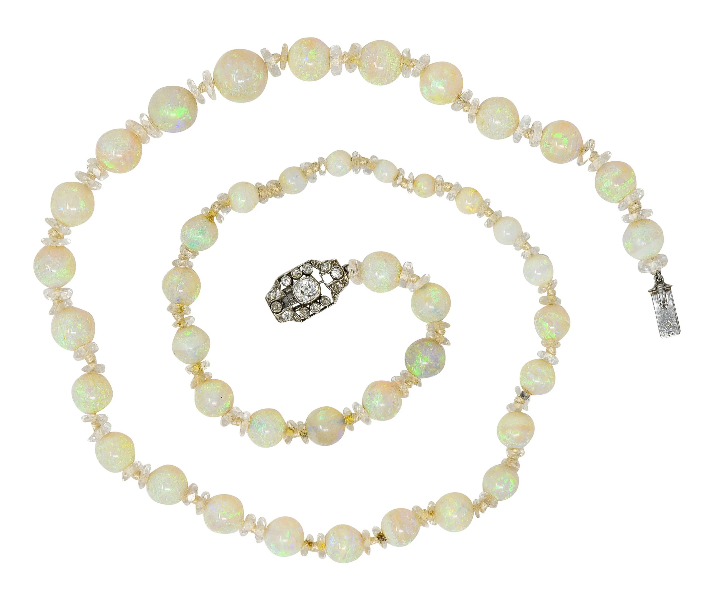 Edwardian Opal Diamond Rock Crystal Platinum Strand Necklace