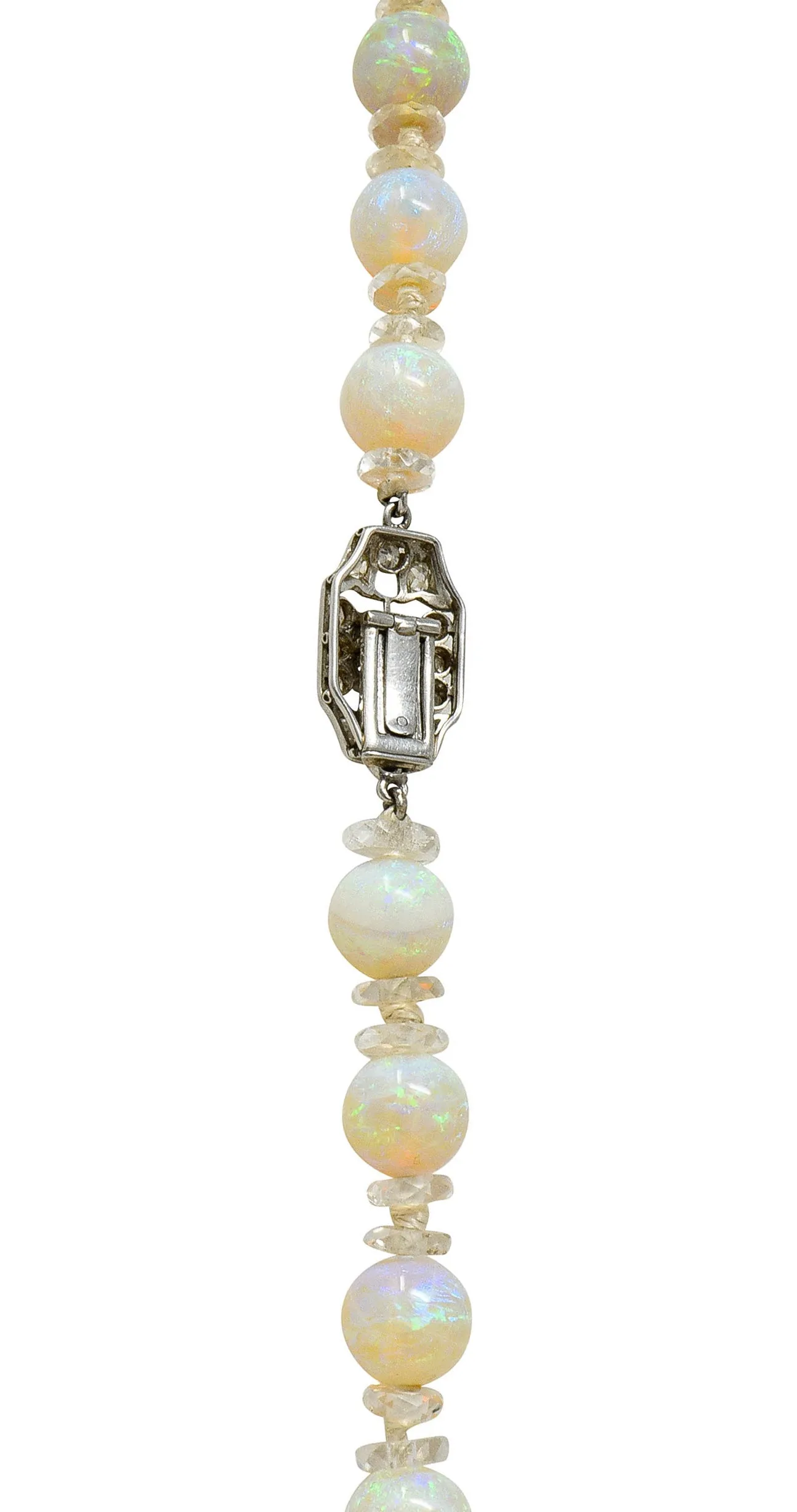 Edwardian Opal Diamond Rock Crystal Platinum Strand Necklace