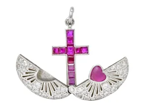 Edwardian Ruby Diamond Platinum Sacred Heart Cross Articulated Charm