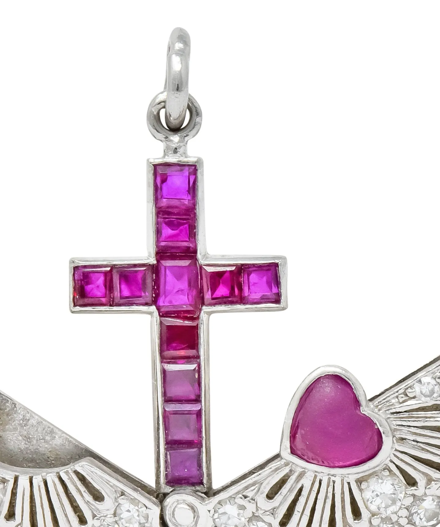 Edwardian Ruby Diamond Platinum Sacred Heart Cross Articulated Charm