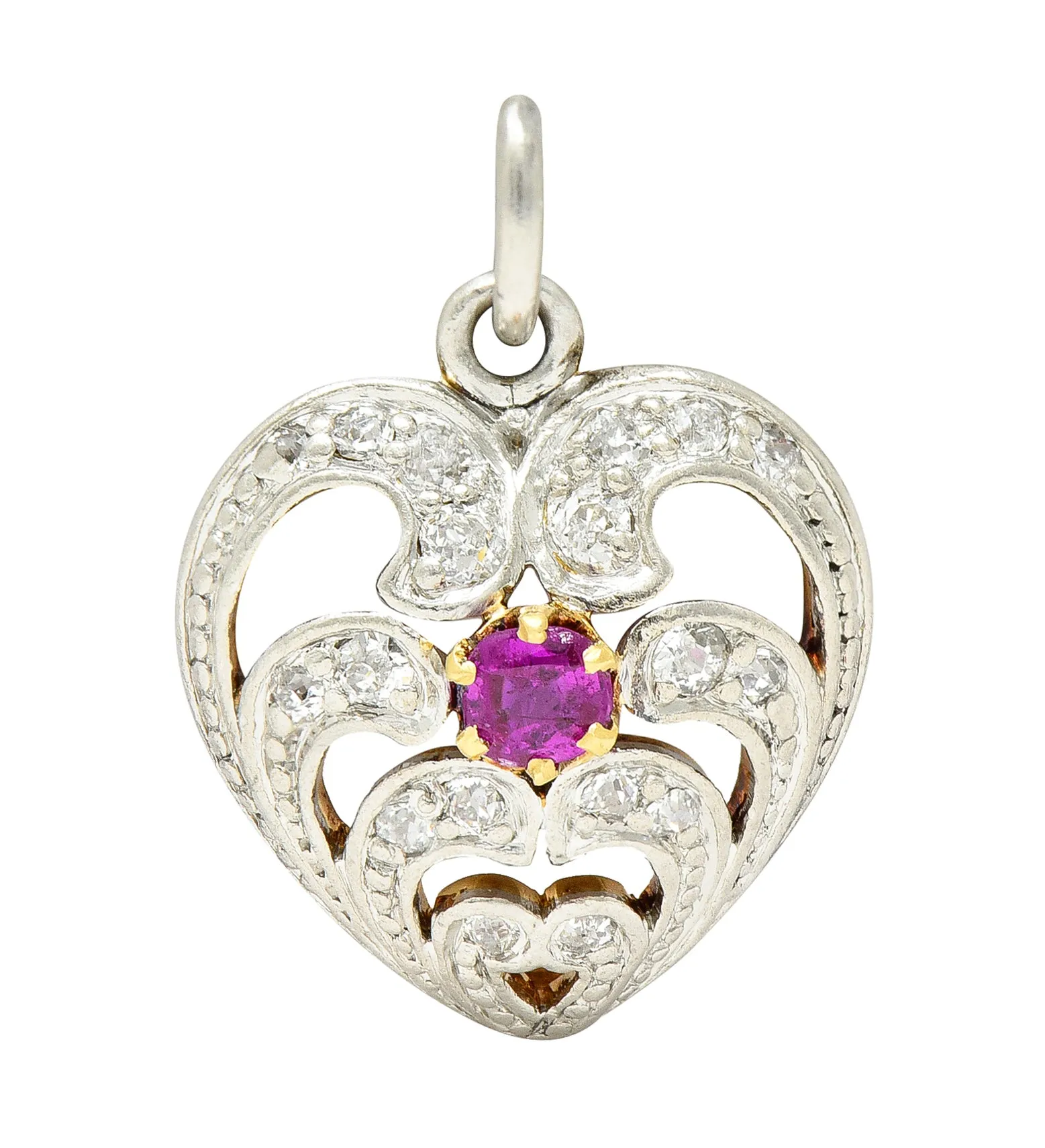 Edwardian Ruby Diamond Platinum-Topped 18 Karat Gold Heart Charm