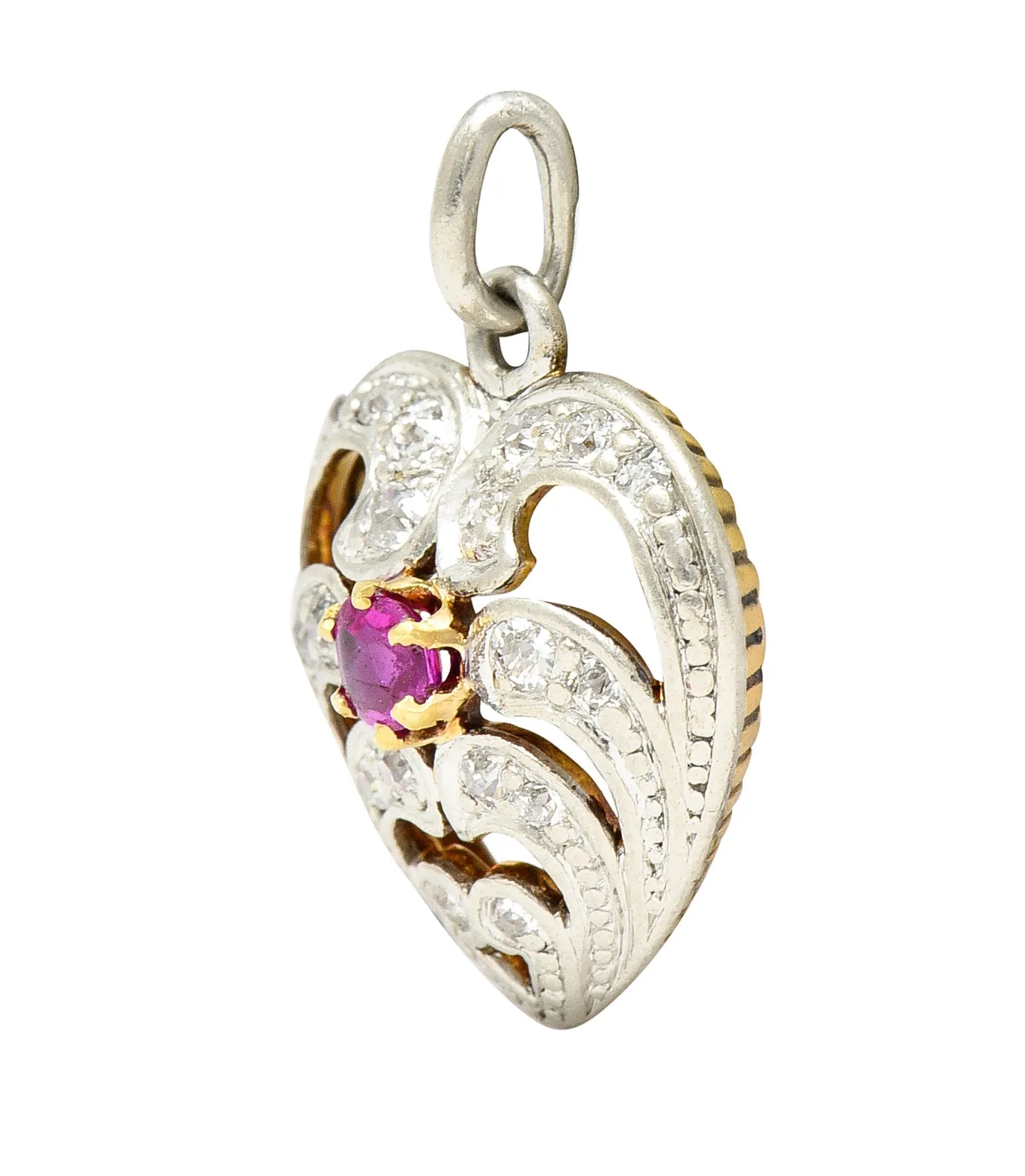 Edwardian Ruby Diamond Platinum-Topped 18 Karat Gold Heart Charm