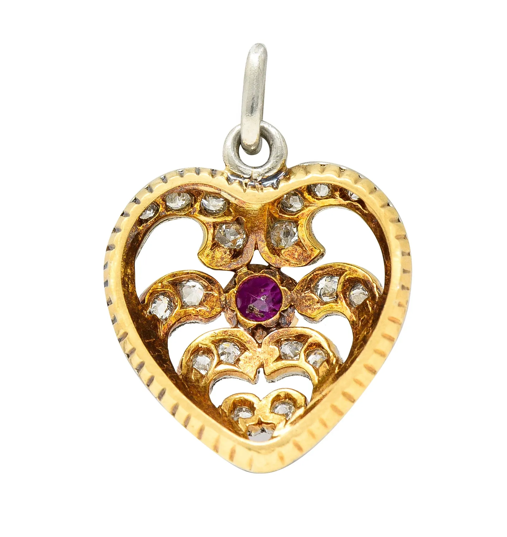 Edwardian Ruby Diamond Platinum-Topped 18 Karat Gold Heart Charm