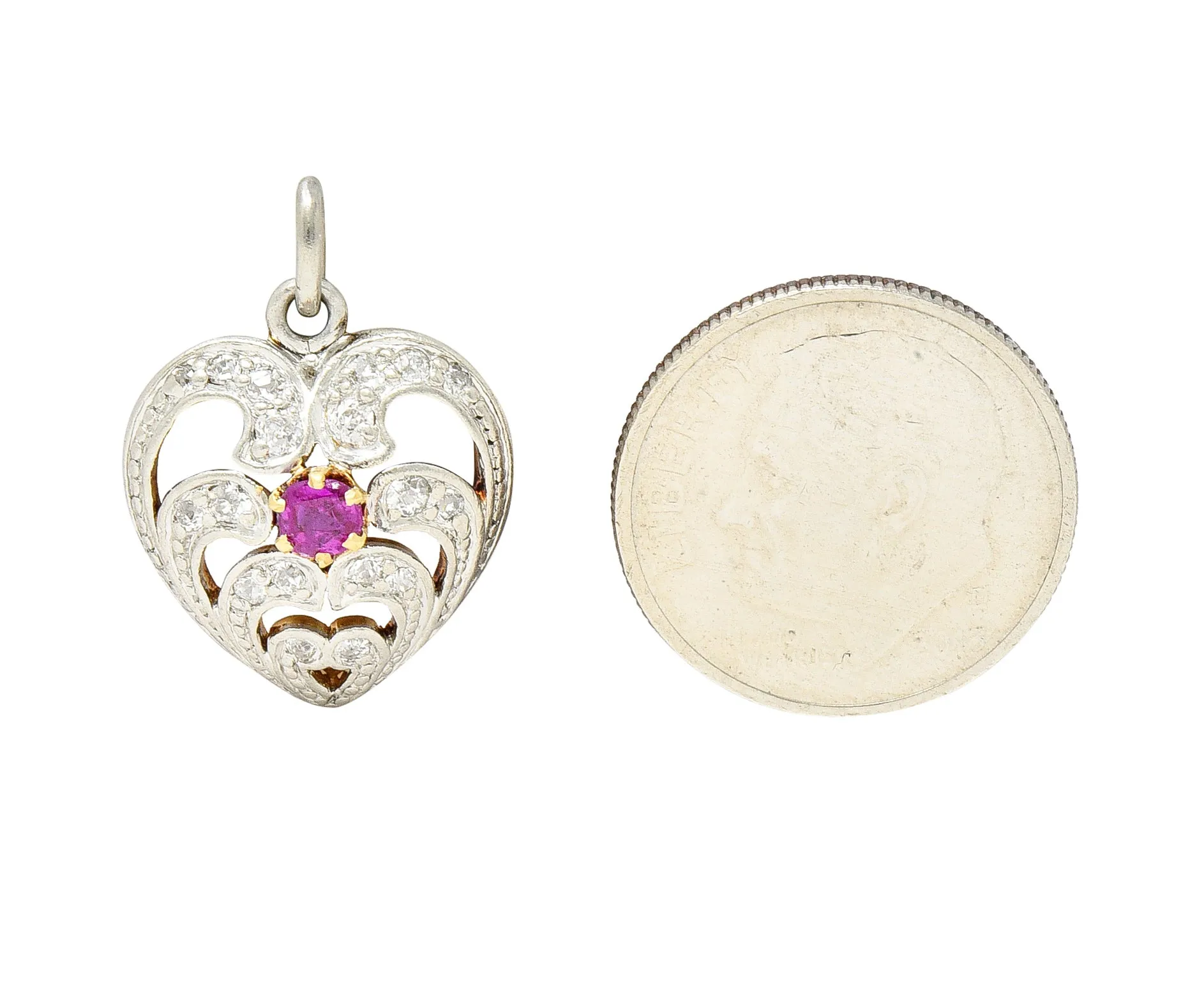 Edwardian Ruby Diamond Platinum-Topped 18 Karat Gold Heart Charm