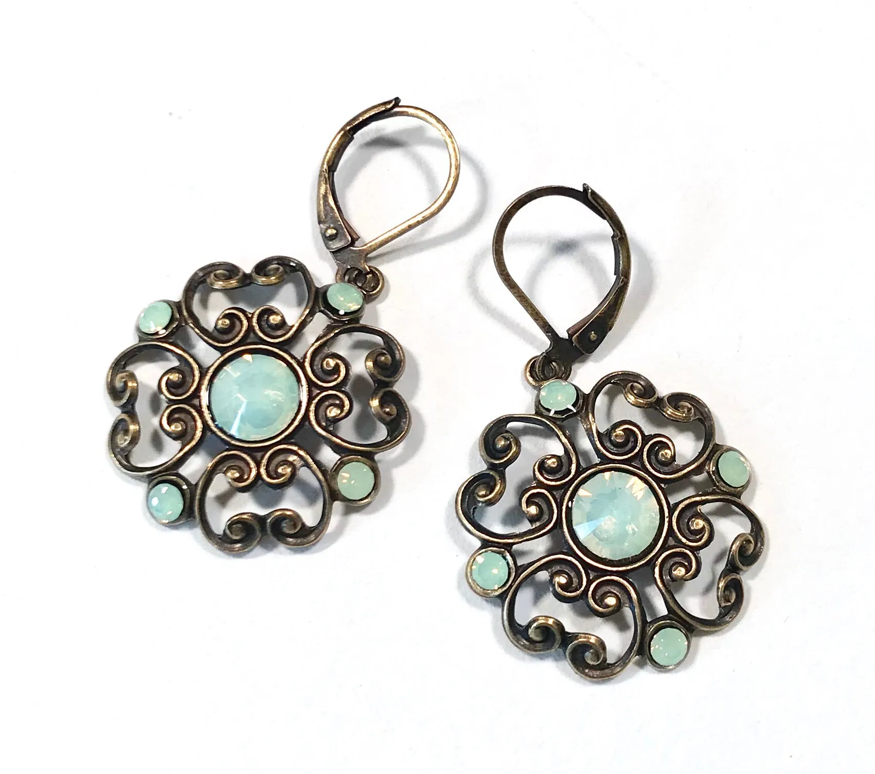 Filigree Earrings - Chrysolite Opal  Crystal - Brass Leverbacks