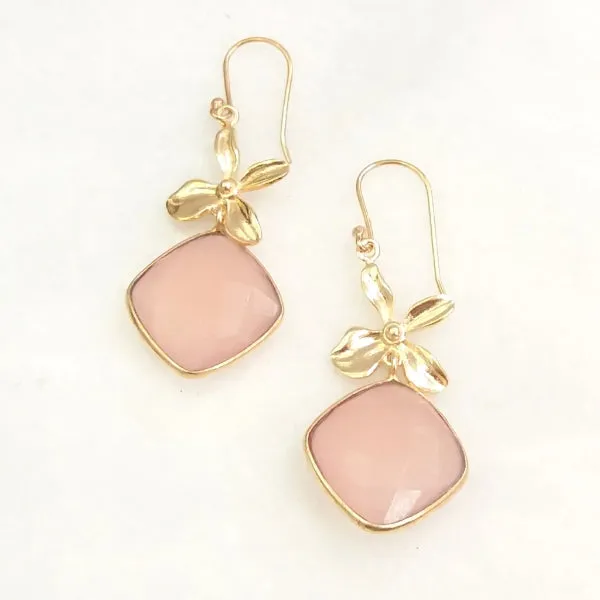 Flower with Rose Quartz Double Drop Earrings