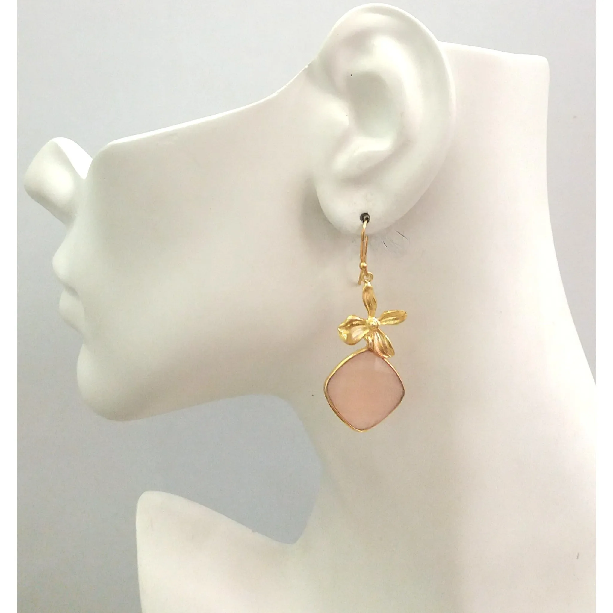 Flower with Rose Quartz Double Drop Earrings