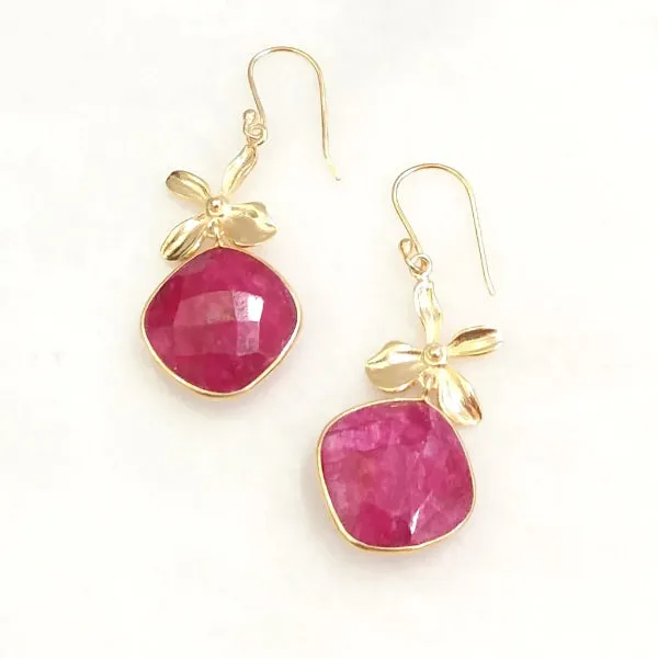 Flower with Ruby Double Drop Earrings