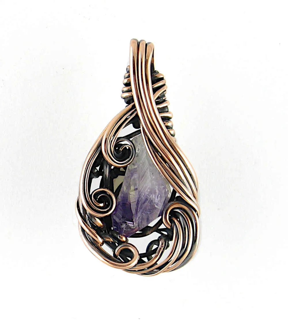 Freeform Swirl Raw Amethyst Crystal Oxidized Copper Pendant Wire Wrapped, 100% Handmade OOAK, Style A