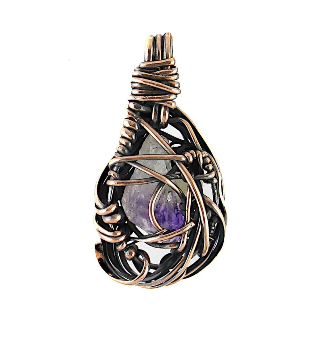 Freeform Swirl Raw Amethyst Crystal Oxidized Copper Pendant Wire Wrapped, 100% Handmade OOAK, Style A