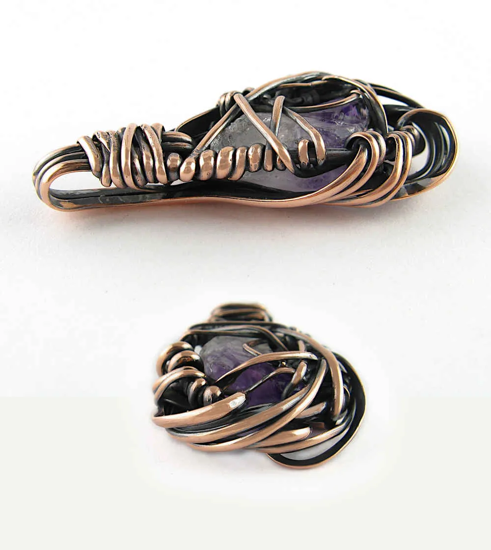 Freeform Swirl Raw Amethyst Crystal Oxidized Copper Pendant Wire Wrapped, 100% Handmade OOAK, Style A