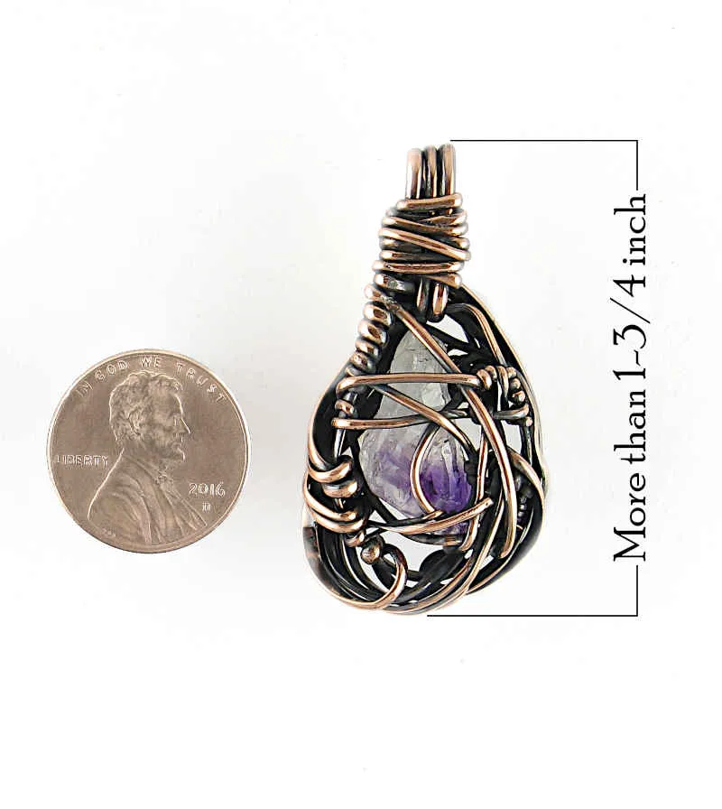 Freeform Swirl Raw Amethyst Crystal Oxidized Copper Pendant Wire Wrapped, 100% Handmade OOAK, Style A