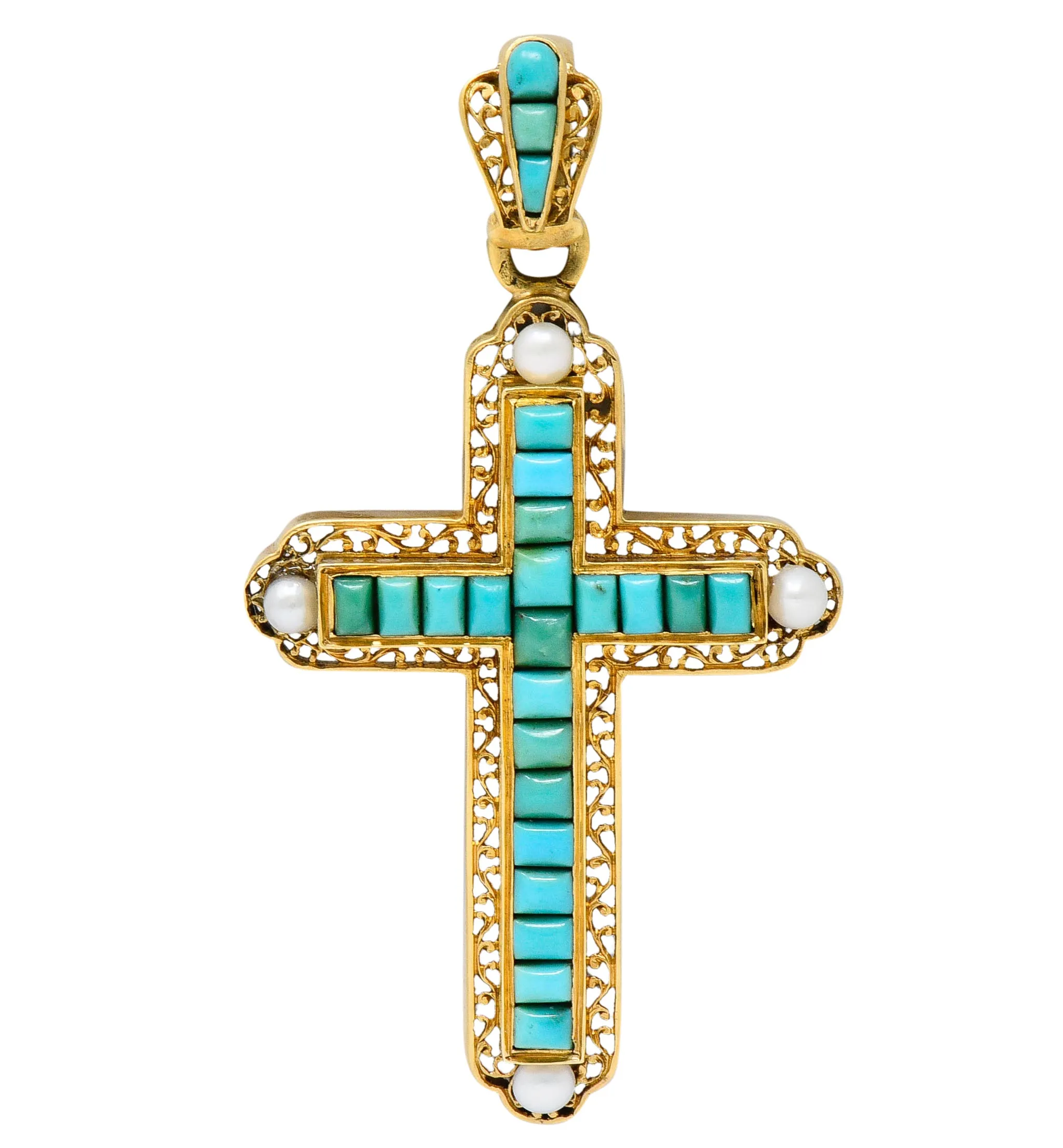 French Victorian Turquoise Pearl 18 Karat Gold Cross Pendant