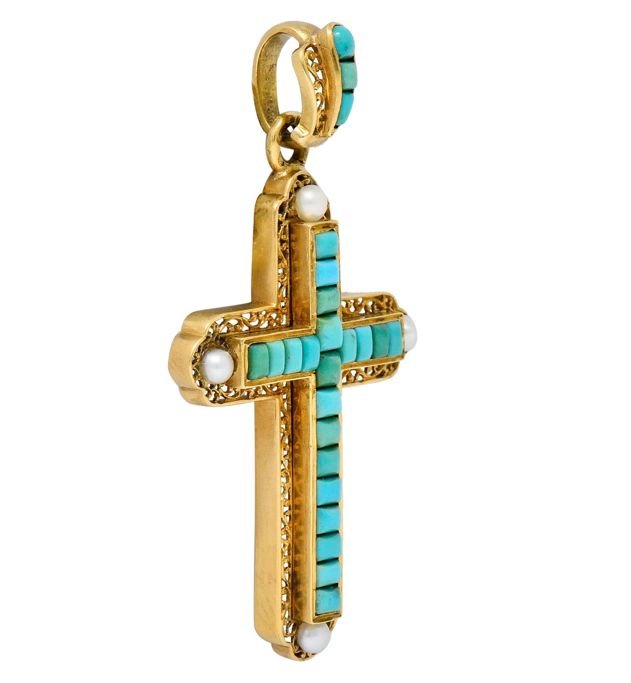 French Victorian Turquoise Pearl 18 Karat Gold Cross Pendant