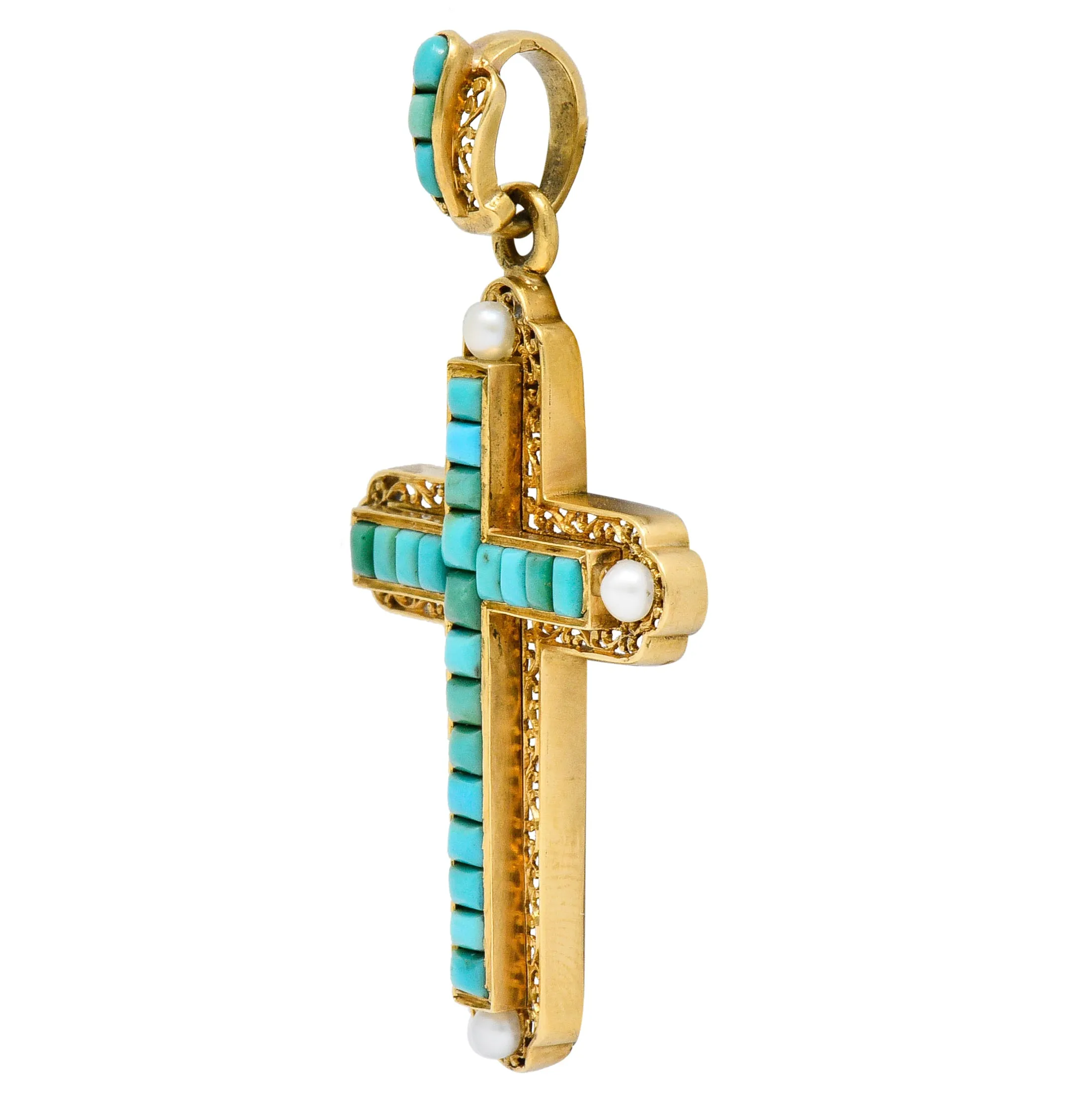 French Victorian Turquoise Pearl 18 Karat Gold Cross Pendant