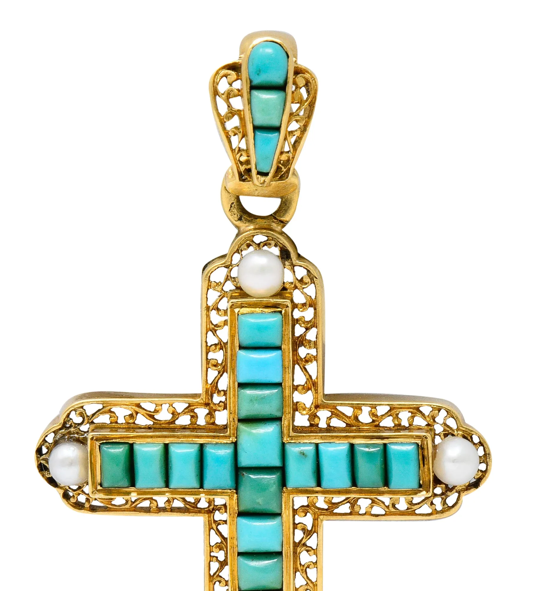 French Victorian Turquoise Pearl 18 Karat Gold Cross Pendant