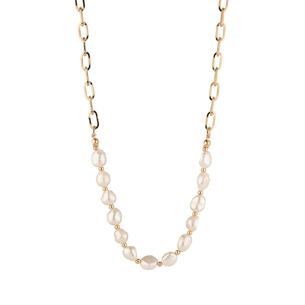 Freshwater Pearl & Paperclip Chain Necklace, Gold- Knight & Day Jewellery